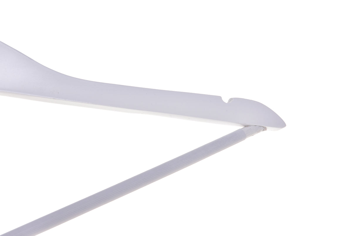 W040 – Semi-Curved Wooden Suit Hanger with Non-Slip Bar – 17.5" – White / Chrome Hook