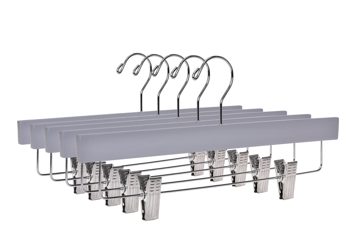 W063 – Straight Wooden Skirt & Pant Hanger with Clips – 14" – Light Gray