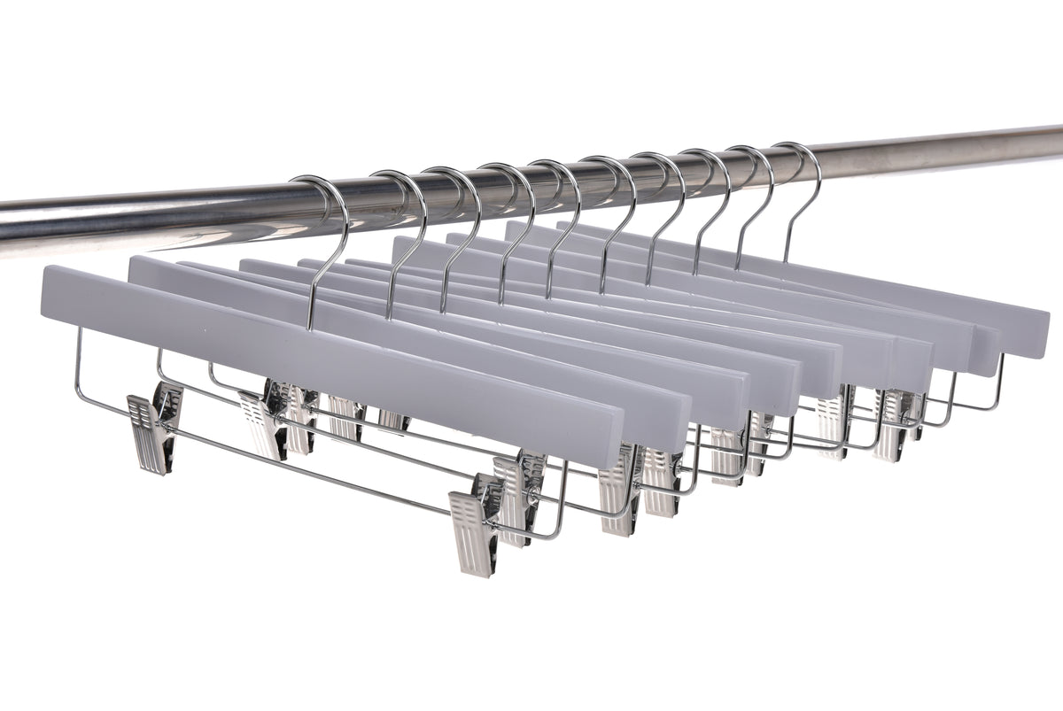 W063 – Straight Wooden Skirt & Pant Hanger with Clips – 14" – Light Gray