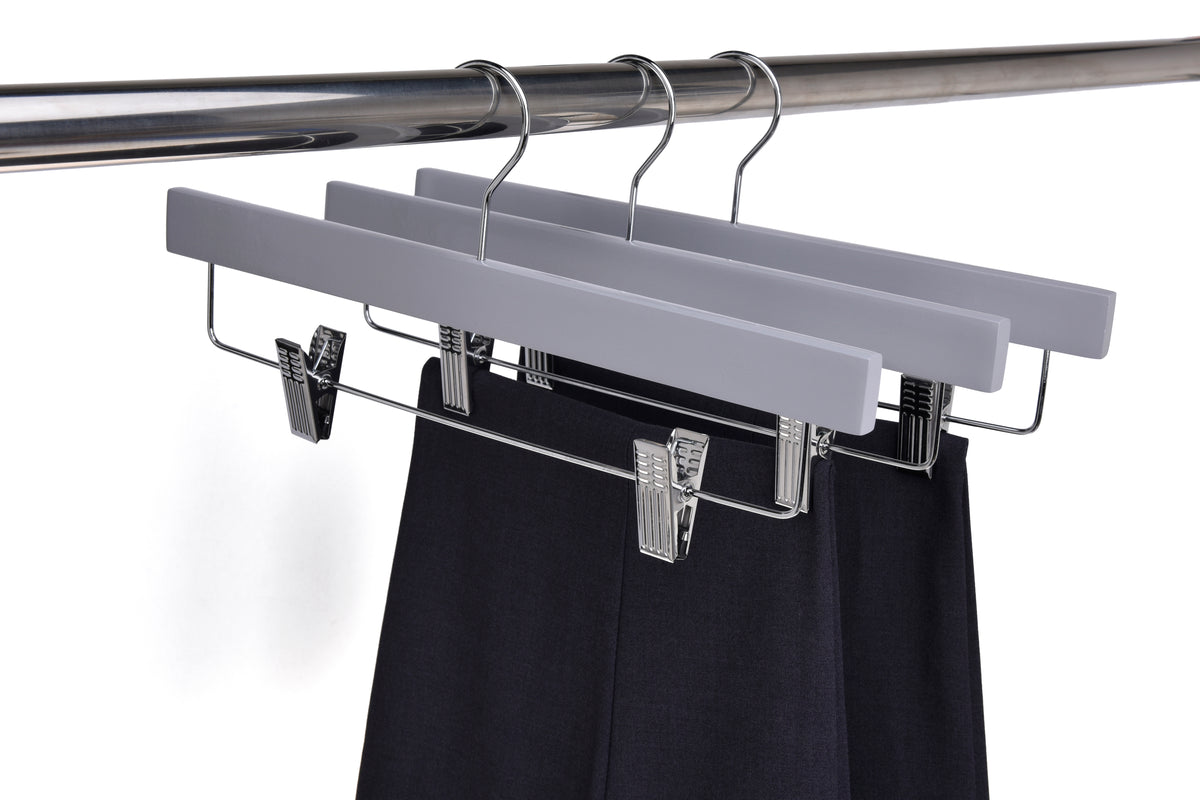W063 – Straight Wooden Skirt & Pant Hanger with Clips – 14" – Light Gray