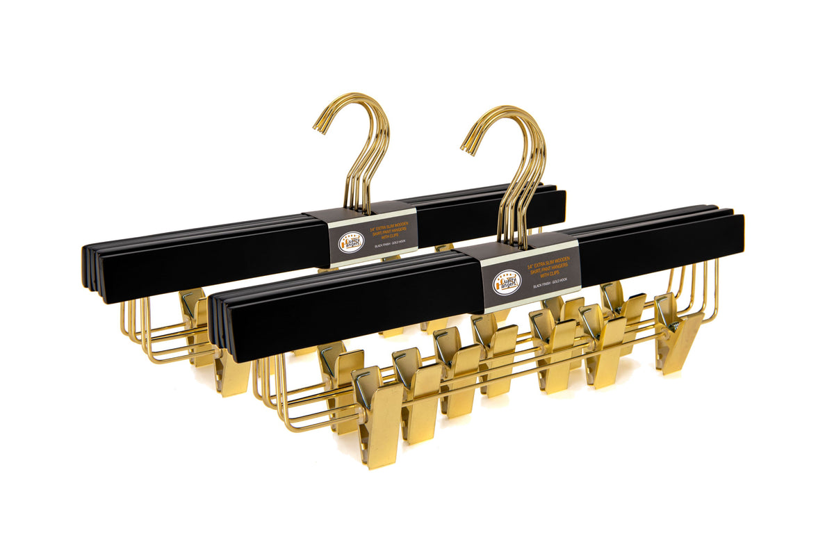 WS72-BK – Ultra-Slim Wooden Skirt & Pant Hanger with Clips – 14" – Black / Gold Hook
