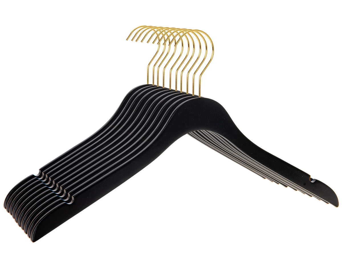 WS71-BK – Ultra-Slim Wooden Coat & Suit Hanger – 16" – Black / Gold Hook