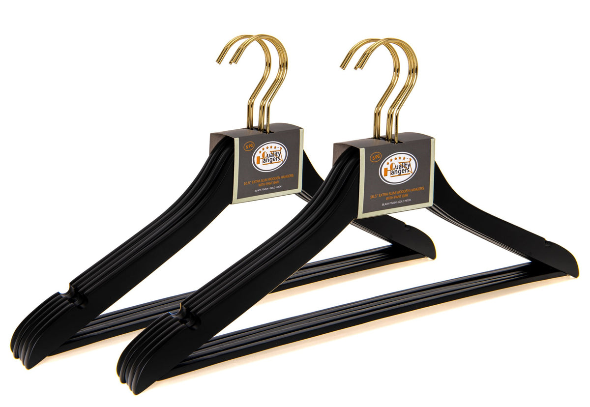 WS70-BK – Ultra-Slim Wooden Suit Hanger with Pant Bar – 16" – Black / Gold Hook