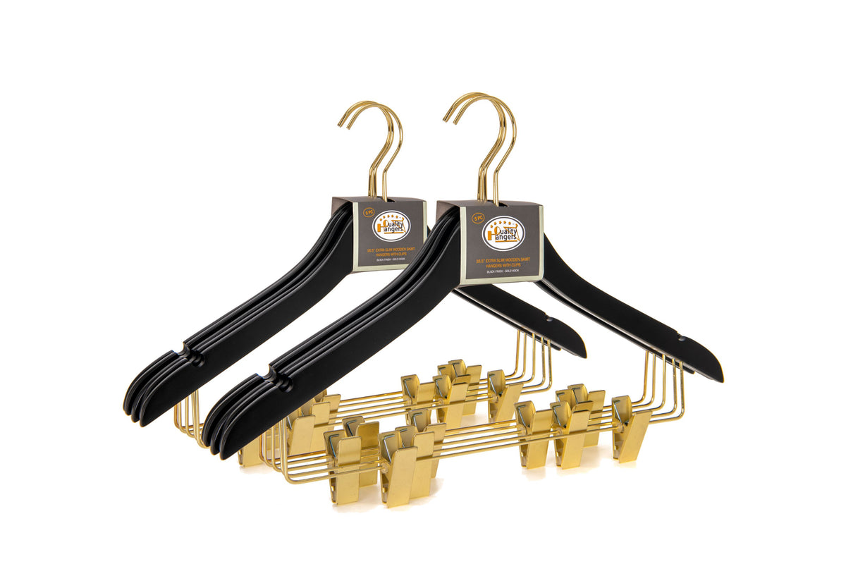 WS73-BK – Ultra-Slim Wooden Skirt & Shirt Combo Hanger with Clips – 16" – Black / Gold Hook