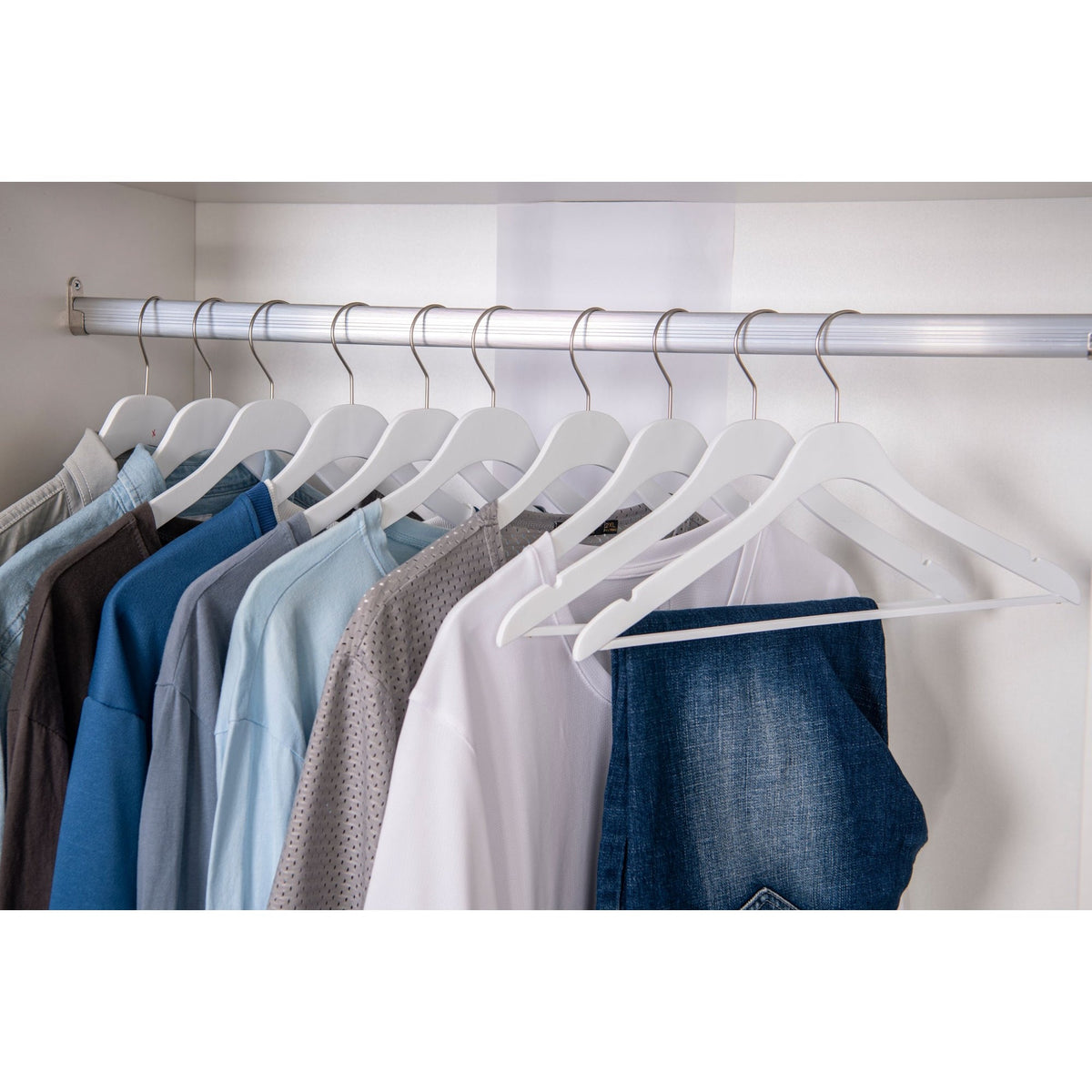 WS70-WT – Ultra-Slim Wooden Suit Hanger with Pant Bar – 16" – White / Chrome Hook