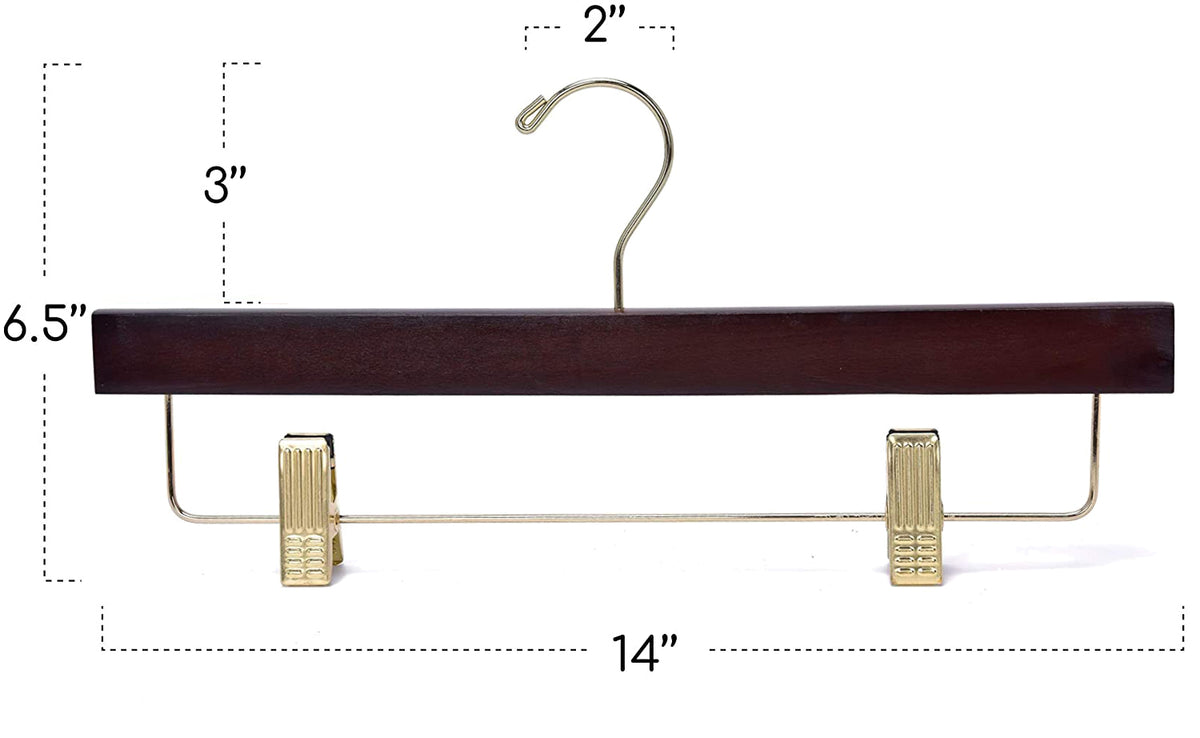 W013 – Straight Wooden Skirt & Pant Hanger with Clips – 14" – Walnut / Gold Hook