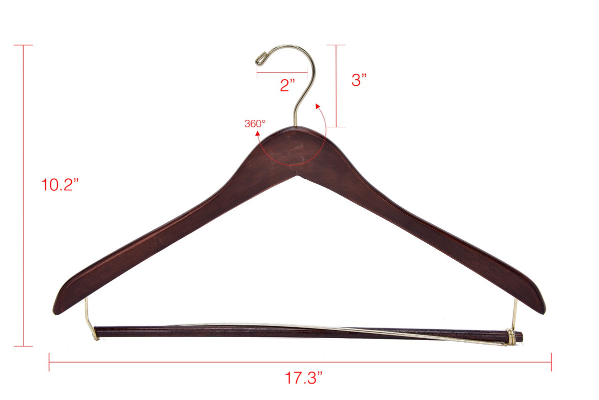 W014 – Curved Wooden Coat & Suit Hanger with Locking Bar – 17" – Walnut / Gold Hook