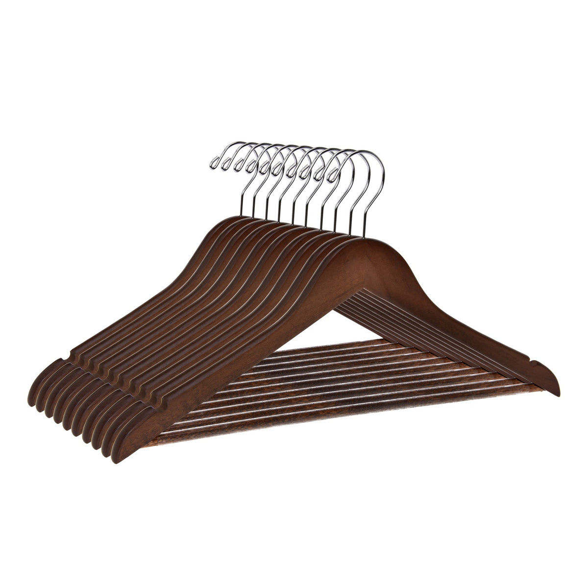 W020 – Semi-Curved Wooden Suit Hanger with Non-Slip Bar – 17.5" – Walnut / Chrome Hook