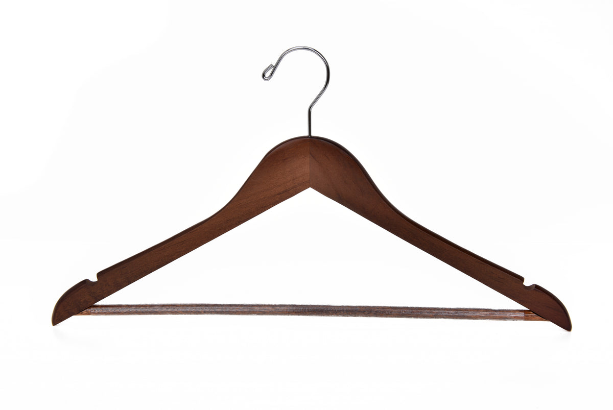 W020 – Semi-Curved Wooden Suit Hanger with Non-Slip Bar – 17.5" – Walnut / Chrome Hook