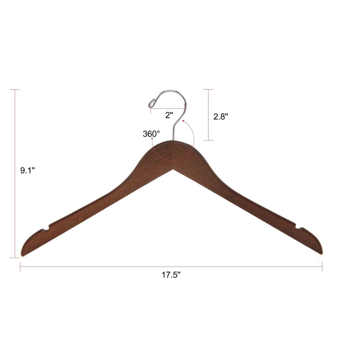 W021 – Semi-Curved Wooden Coat & Suit Hanger – 17.5" – Walnut / Chrome Hook