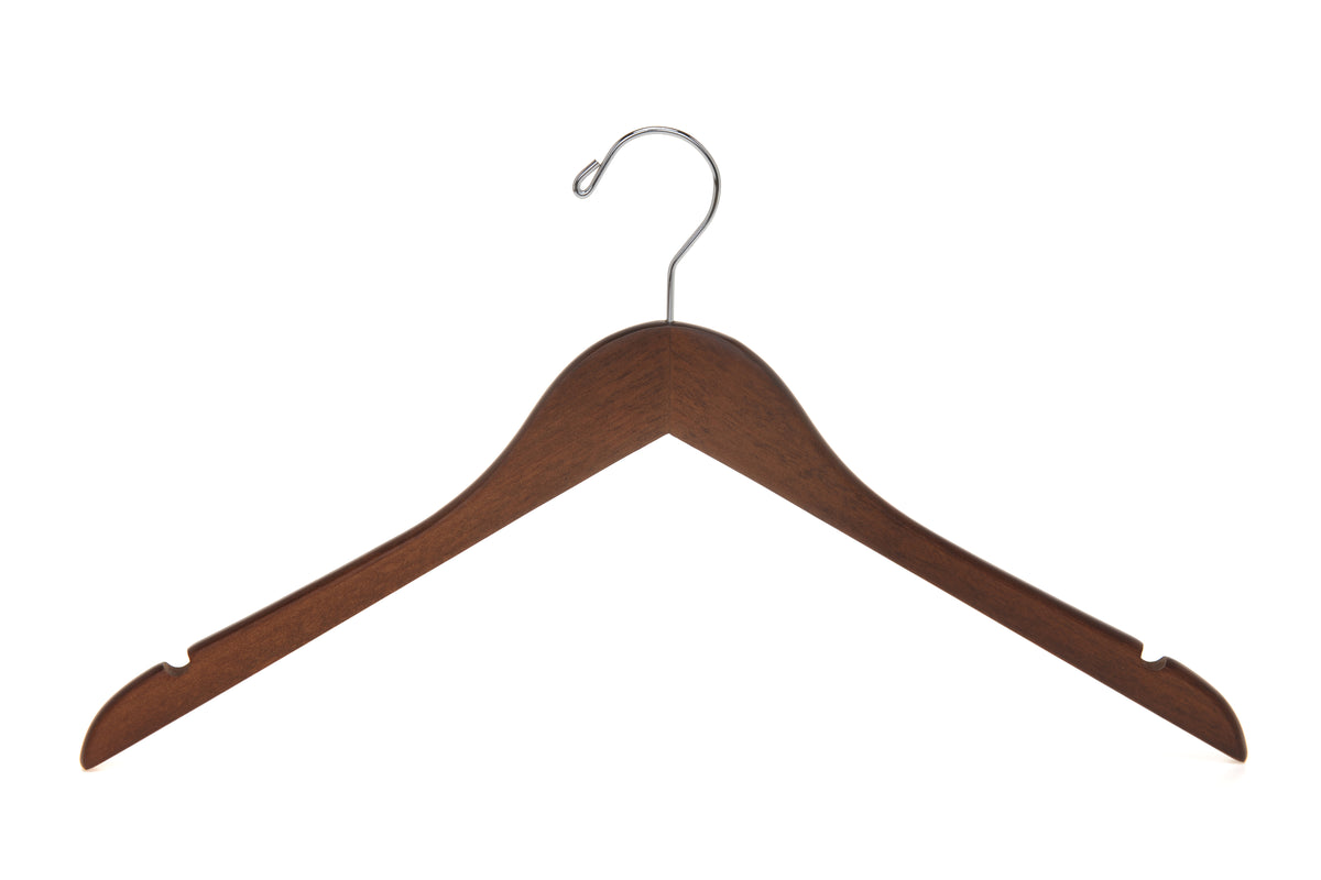 W021 – Semi-Curved Wooden Coat & Suit Hanger – 17.5" – Walnut / Chrome Hook