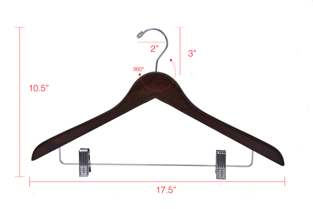 W022 – Semi-Curved Wooden Skirt & Pant Hanger with Clips – 17.5" – Walnut / Chrome Hook