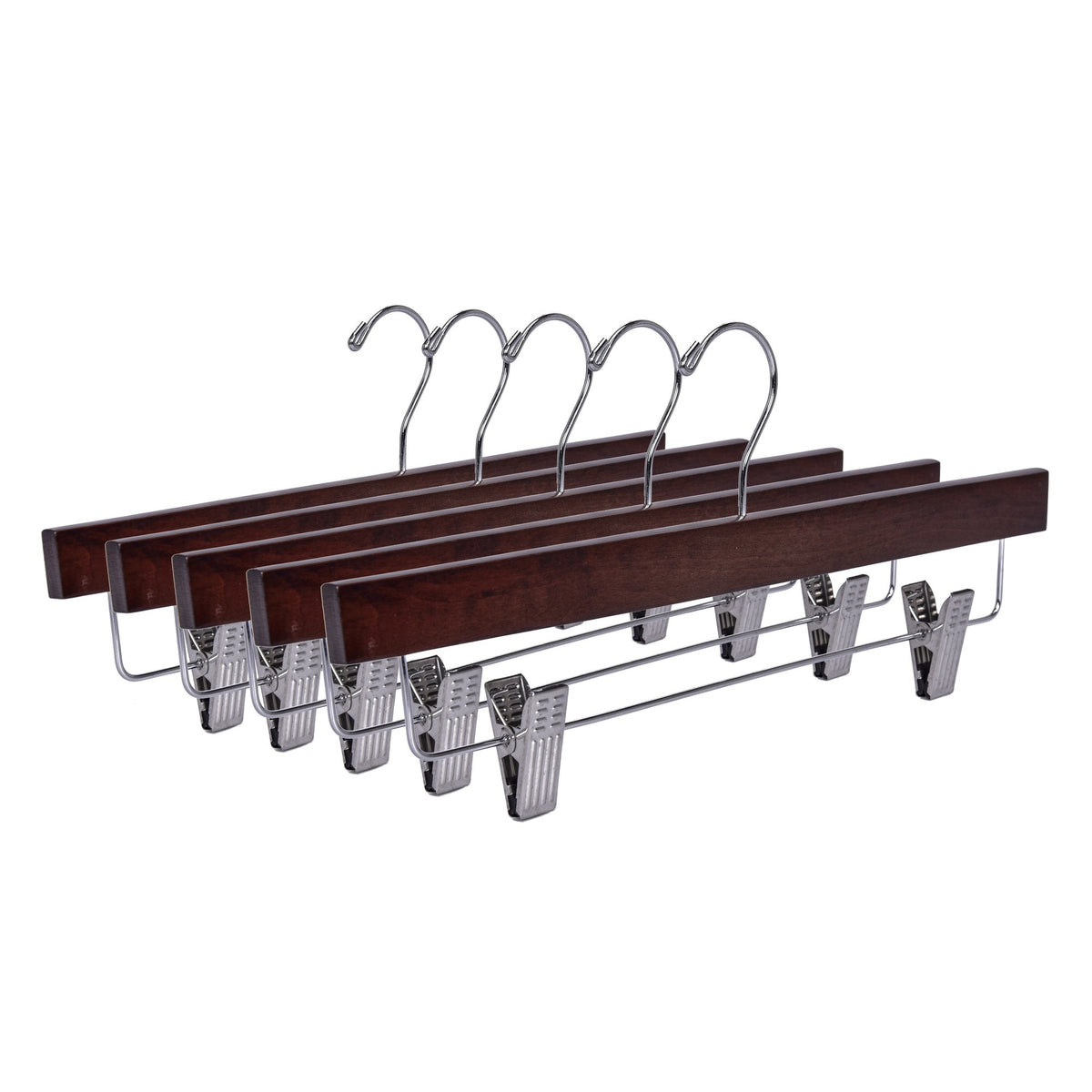 W023 – Straight Wooden Skirt & Pant Hanger with Clips – 14" – Walnut / Chrome Hook