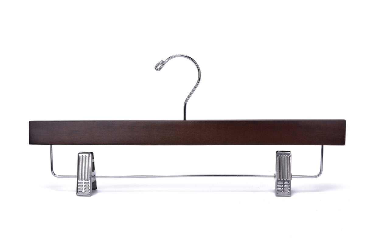 W023 – Straight Wooden Skirt & Pant Hanger with Clips – 14" – Walnut / Chrome Hook