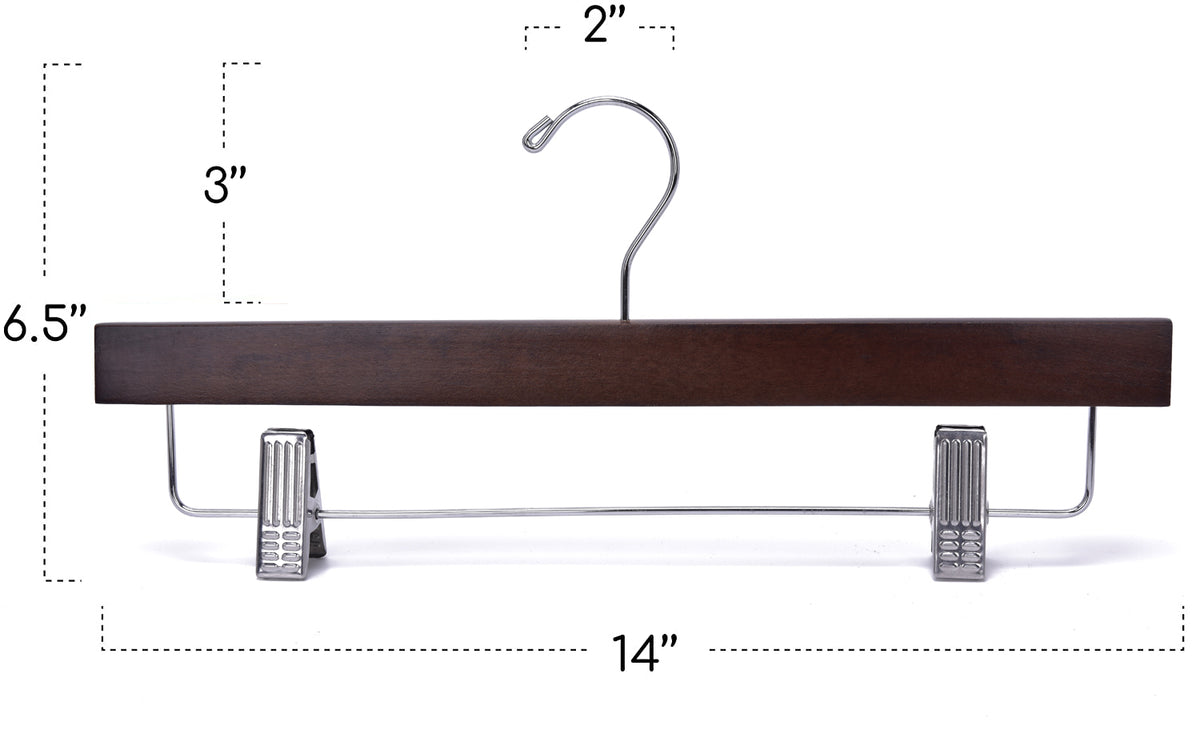 W023 – Straight Wooden Skirt & Pant Hanger with Clips – 14" – Walnut / Chrome Hook