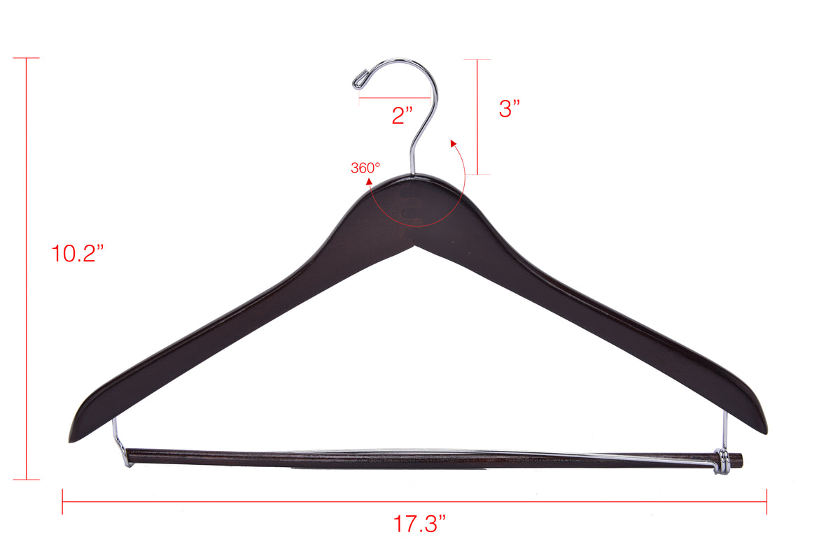 W024 – Curved Wooden Coat & Suit Hanger with Locking Bar – 17" – Walnut / Chrome Hook