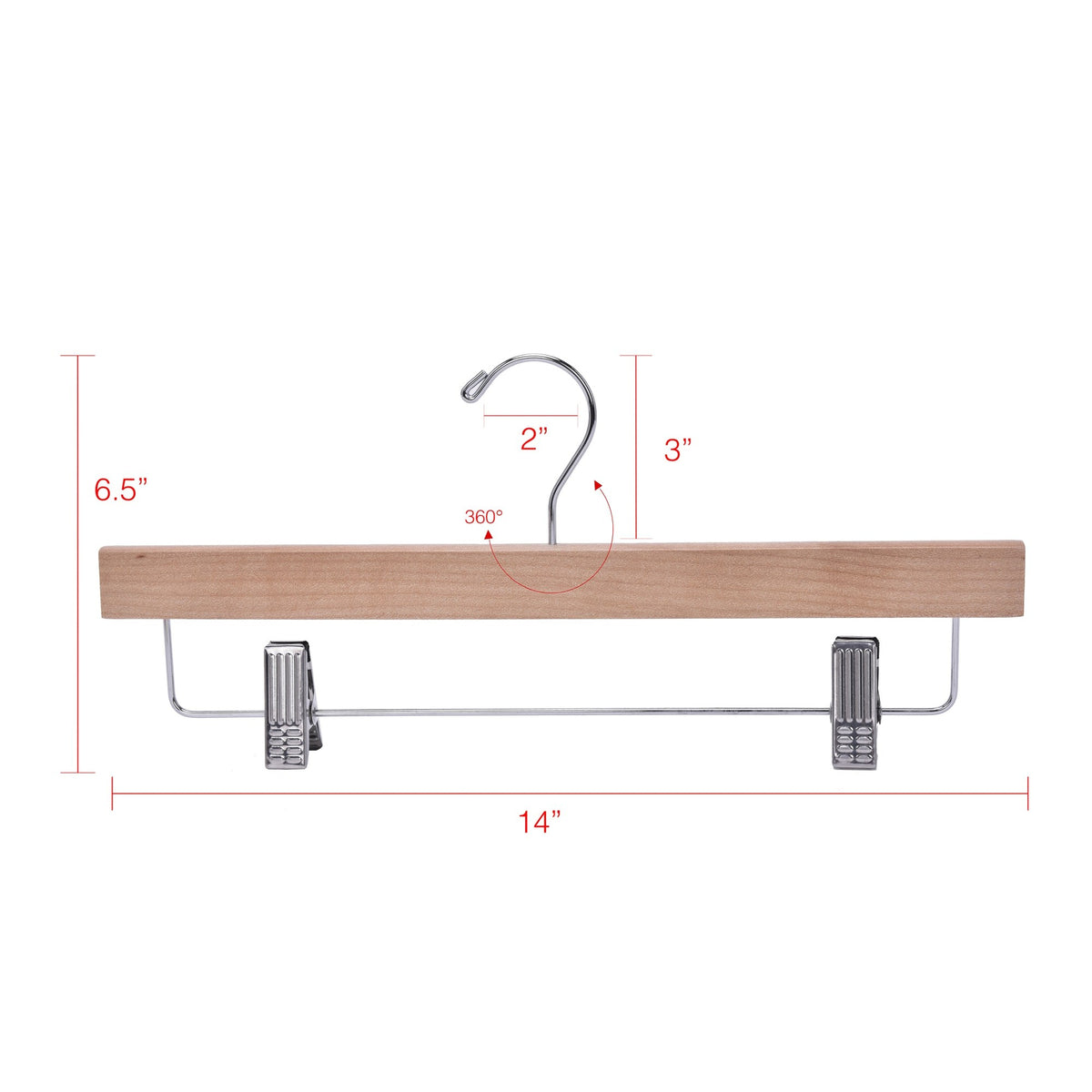 W033 – Straight Wooden Skirt & Pant Hanger with Clips – 14" – Natural / Chrome Hook