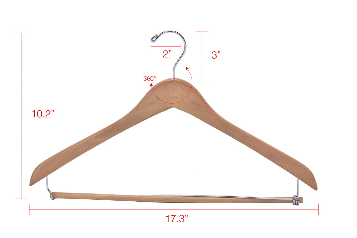 W034 – Curved Wooden Coat & Suit Hanger with Locking Bar – 17" – Natural / Chrome Hook