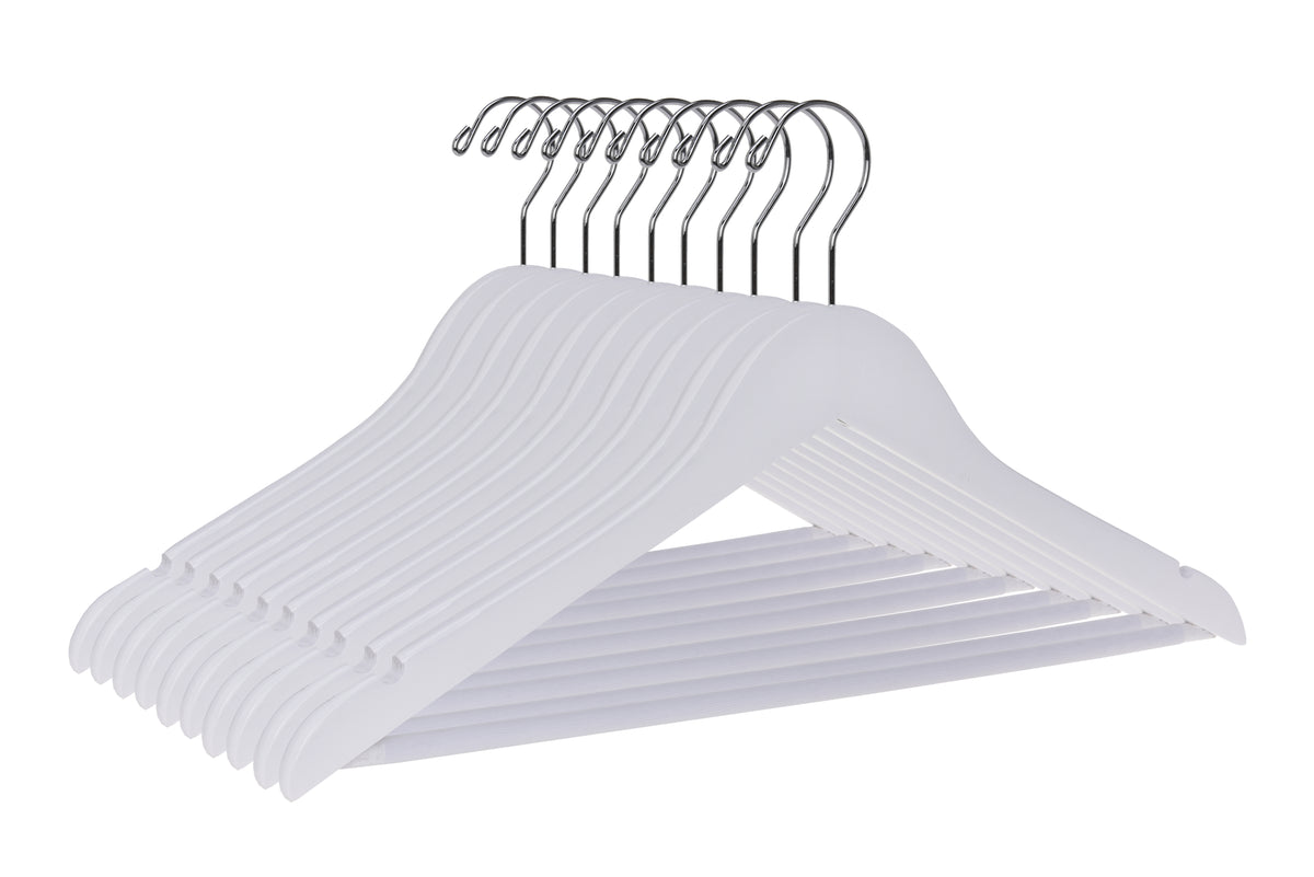 W040 – Semi-Curved Wooden Suit Hanger with Non-Slip Bar – 17.5" – White / Chrome Hook