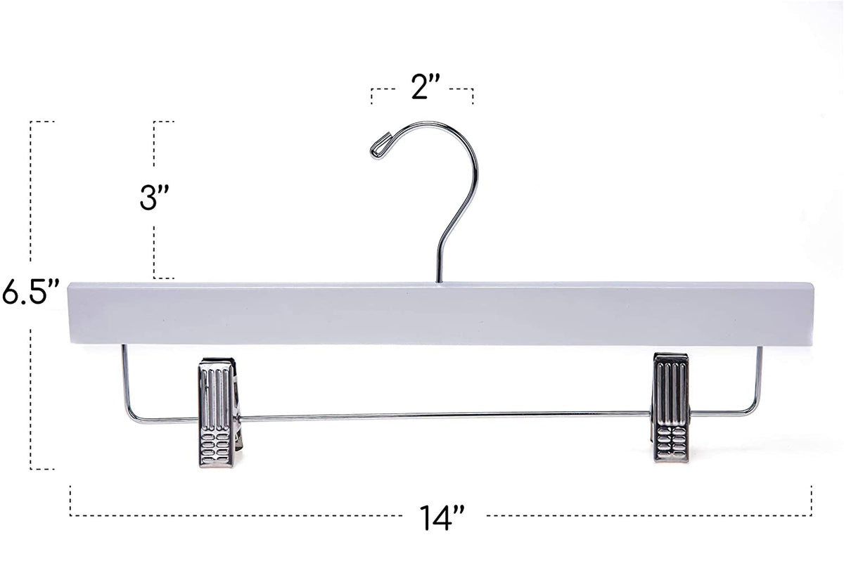 W043 – Straight Wooden Skirt & Pant Hanger with Clips – 14" – White / Chrome Hook