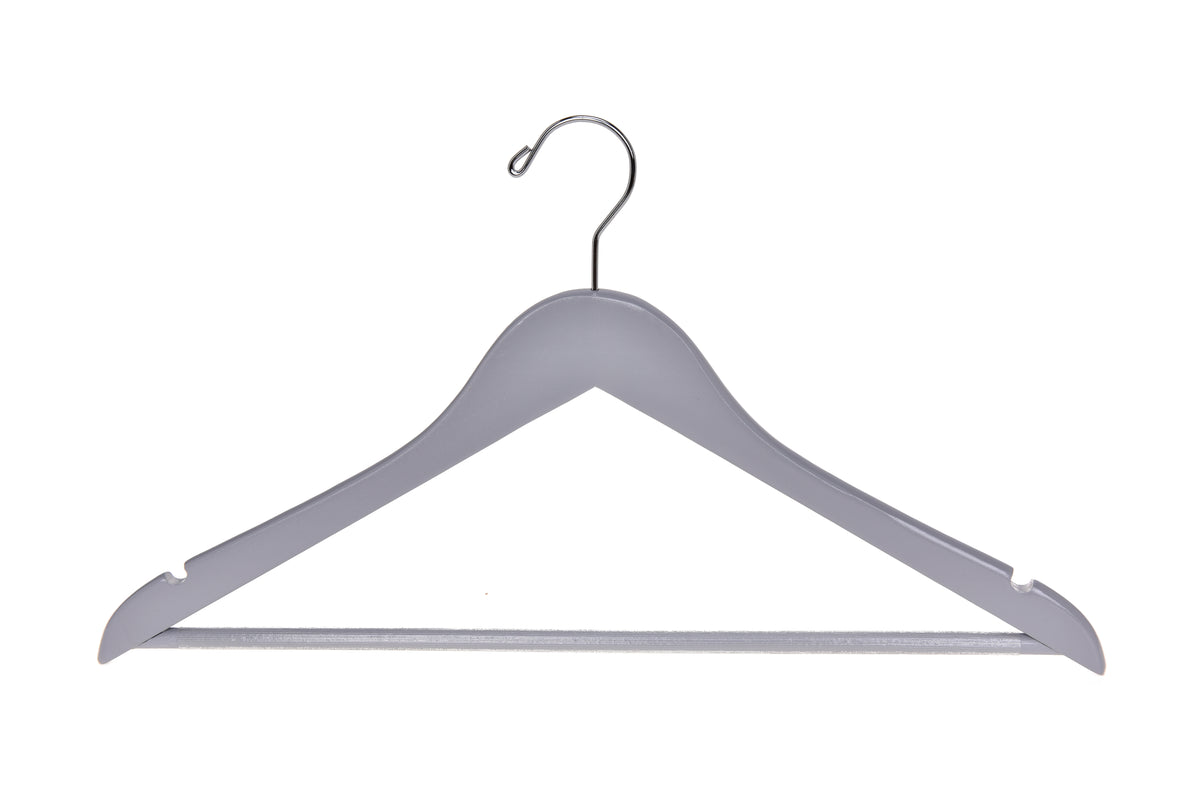 W060-30 – Semi-Curved Wooden Suit Hanger with Non-Slip Bar – 17.5" – Light Gray