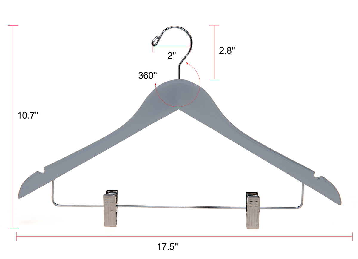 W062 – Semi-Curved Wooden Skirt & Pant Hanger with Clips – 17.5" – Light Gray