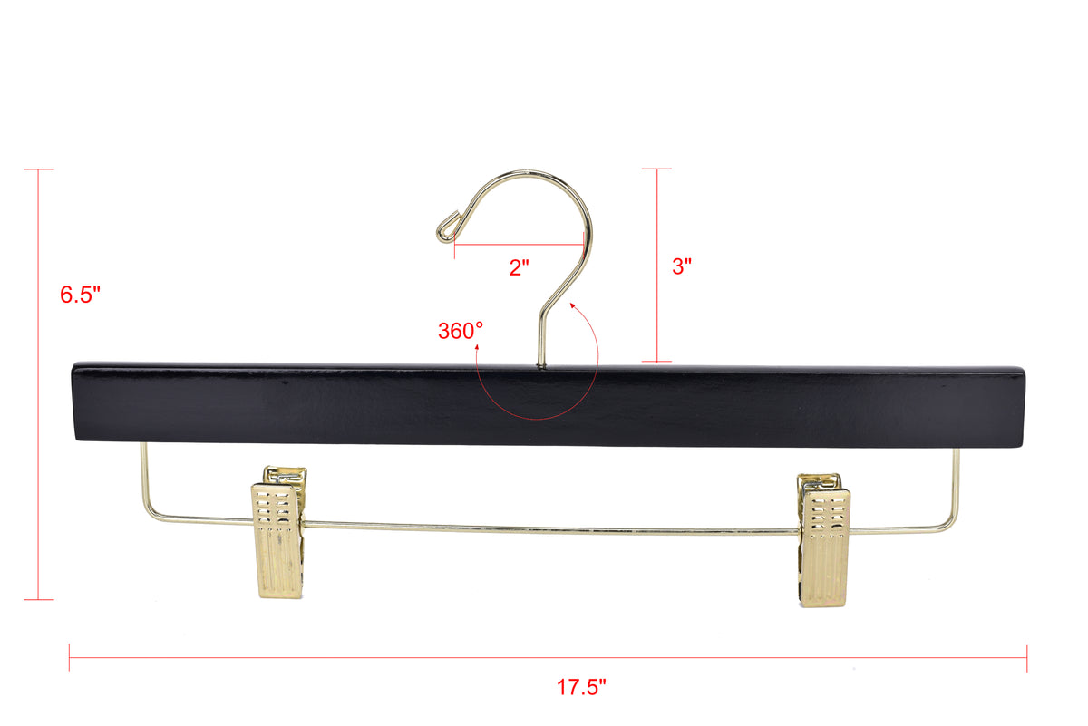 W073 – Straight Wooden Skirt & Pant Hanger with Clips – 14" – Black / Gold Hook