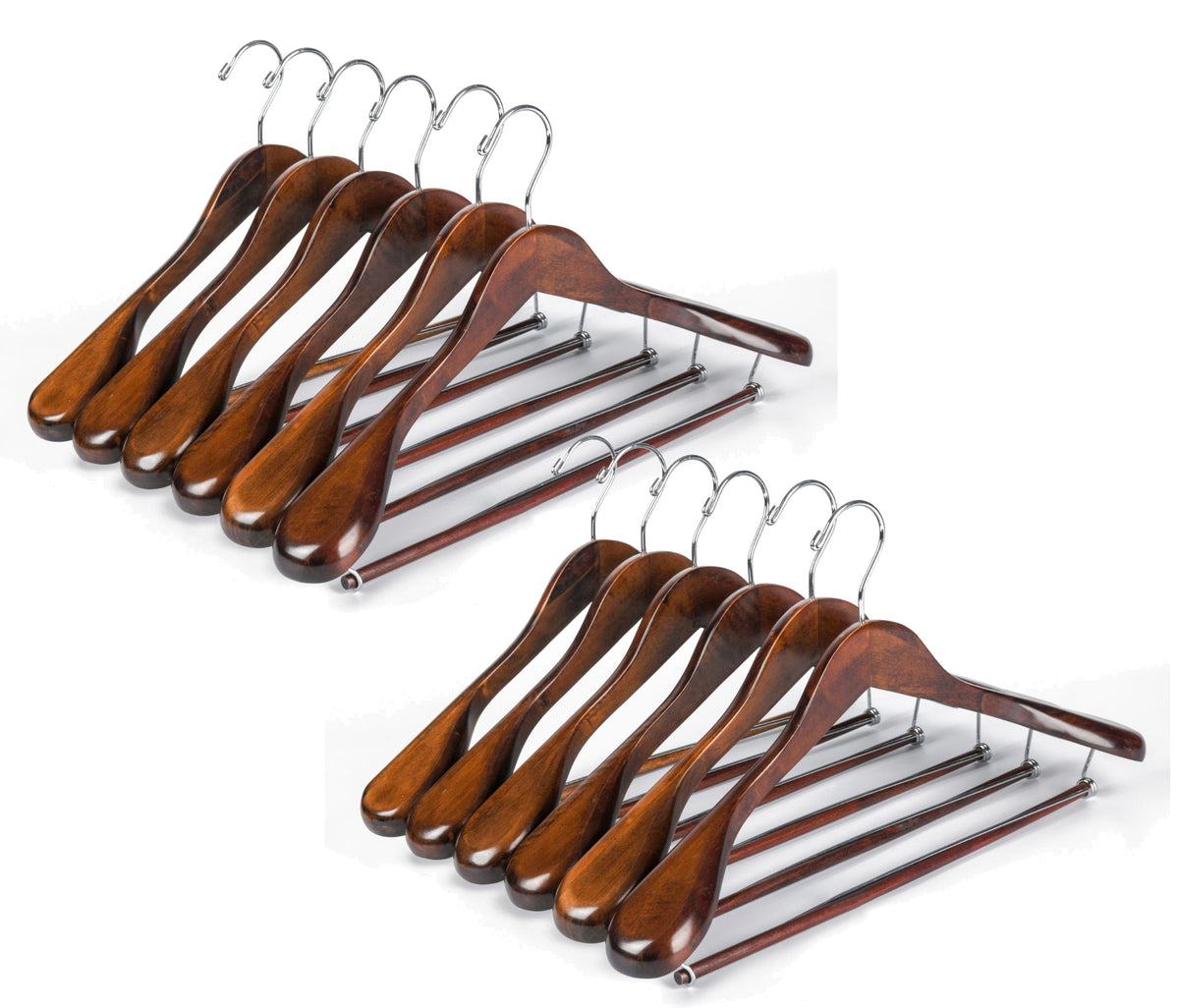 W5701 – Wide-Shoulder Curved Wooden Suit Hanger with Locking Bar – 17.3" – Retro / Chrome Hook
