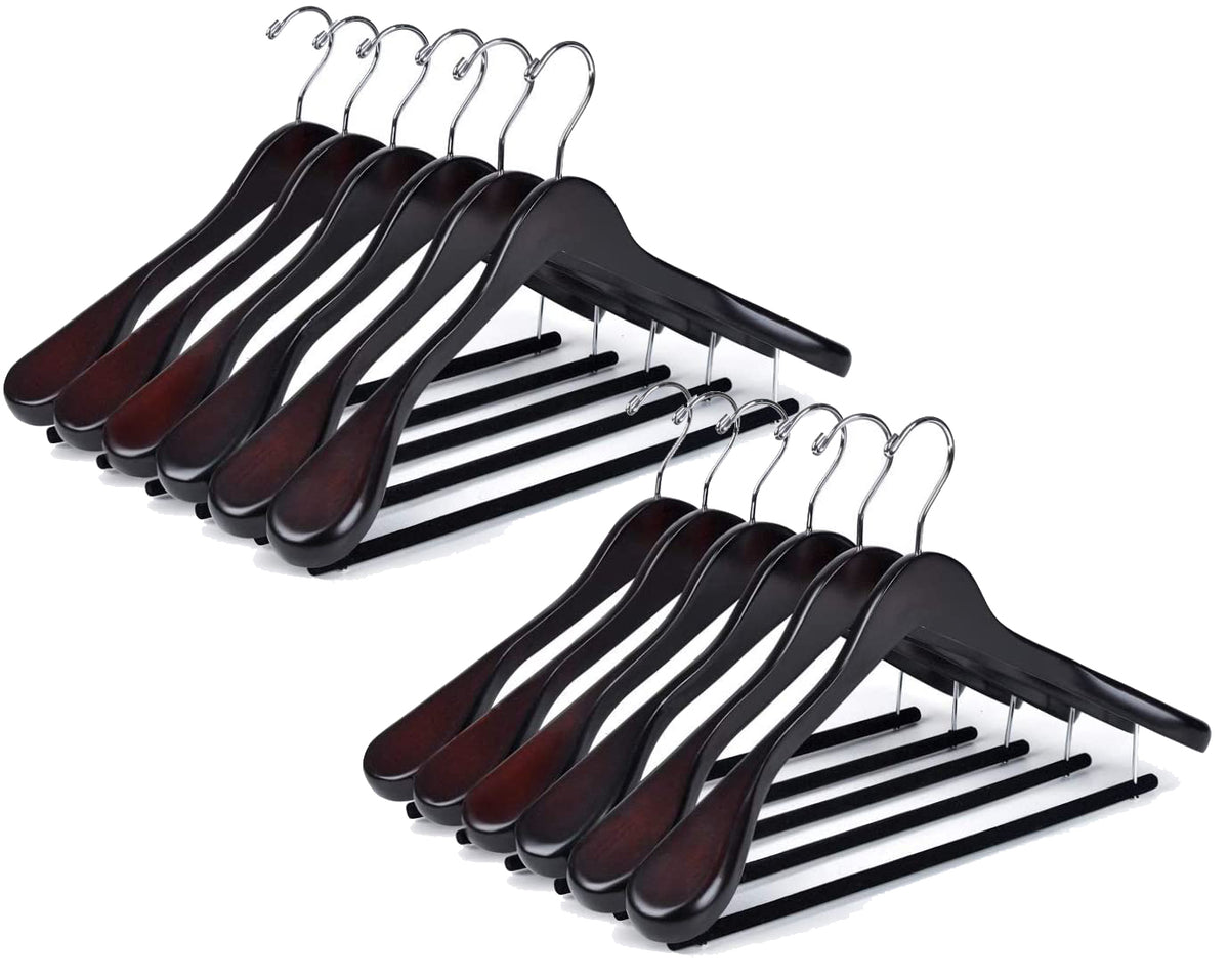 W5801 - Curved Wooden Hanger 17" Velvet bar Mahogany, wide Shoulders