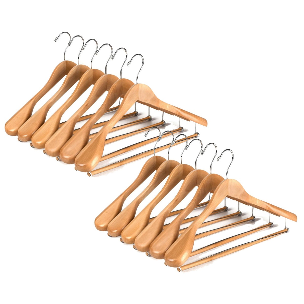 W5901 – Wide-Shoulder Curved Wooden Suit Hanger with Locking Bar – 17.3" – Natural / Chrome Hook