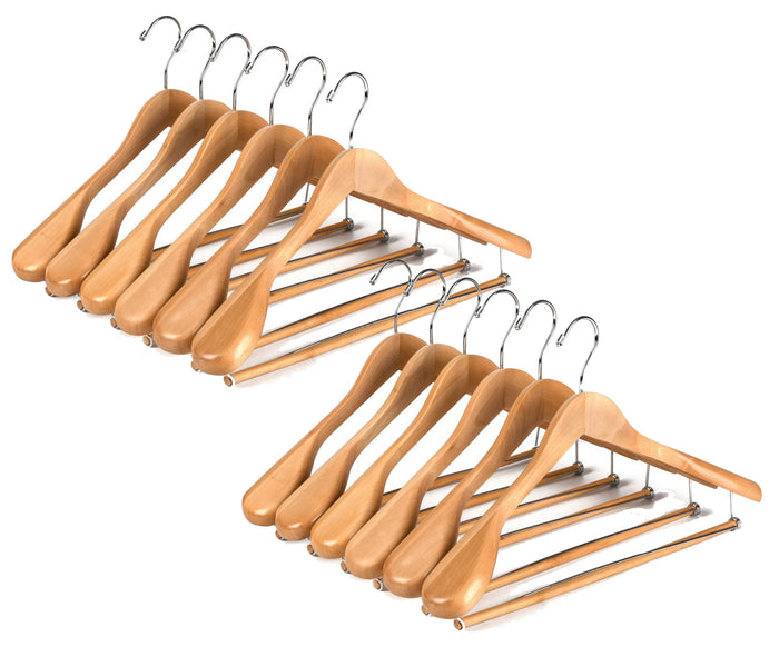 W5901 – Wide-Shoulder Curved Wooden Suit Hanger with Locking Bar – 17.3" – Natural / Chrome Hook