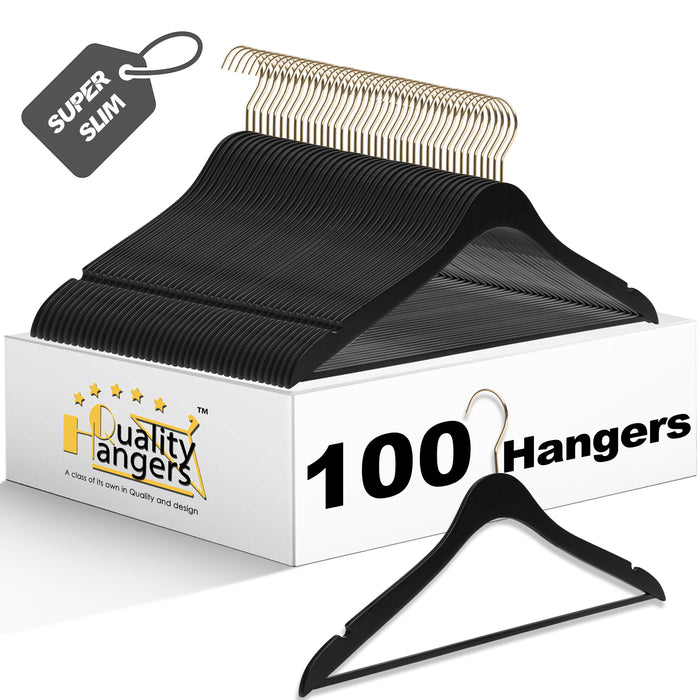 WS70-BK – Ultra-Slim Wooden Suit Hanger with Pant Bar – 16" – Black / Gold Hook