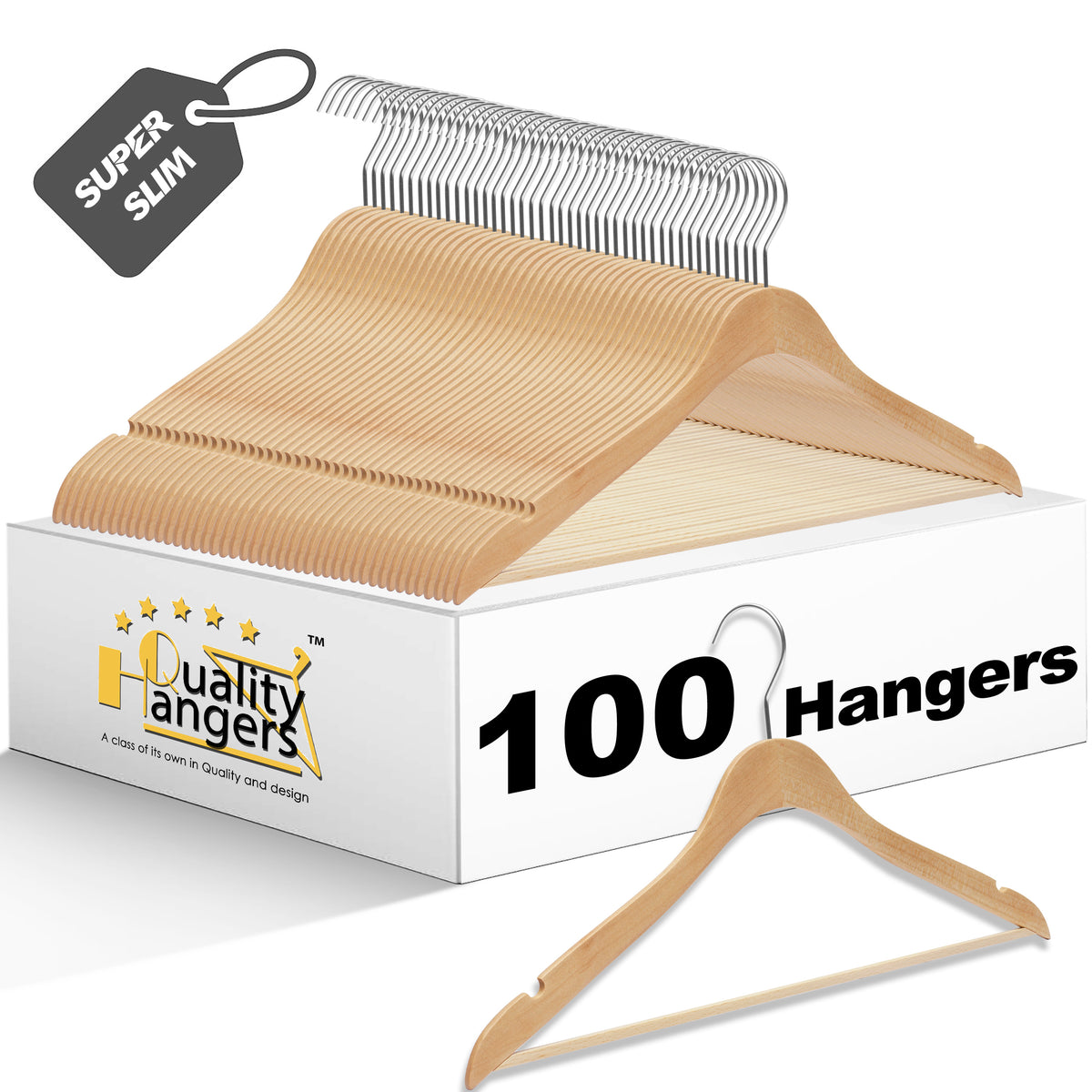 WS70-NT – Ultra-Slim Wooden Suit Hanger with Pant Bar – 16" – Natural