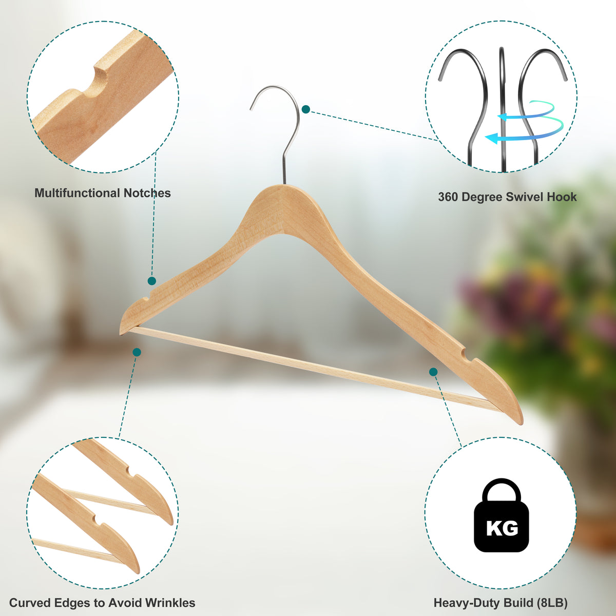 WS70-NT – Ultra-Slim Wooden Suit Hanger with Pant Bar – 16" – Natural