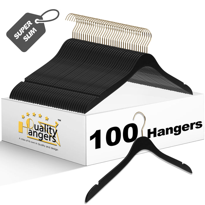 WS71-BK – Ultra-Slim Wooden Coat & Suit Hanger – 16" – Black / Gold Hook