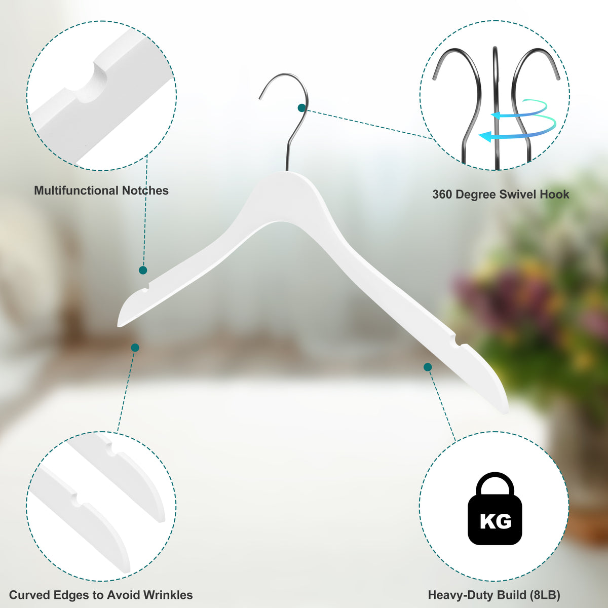 WS71-WT – Ultra-Slim Wooden Coat & Suit Hanger – 16" – White / Chrome Hook
