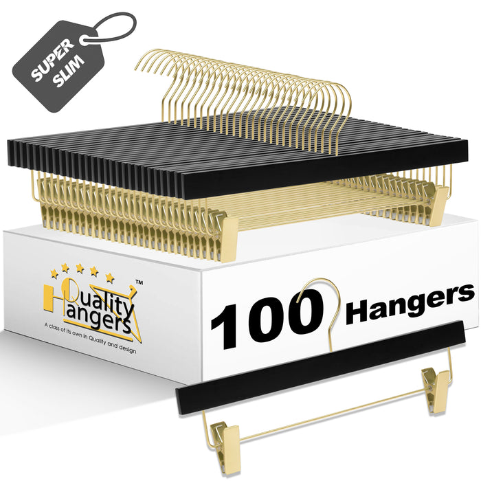 WS72-BK – Ultra-Slim Wooden Skirt & Pant Hanger with Clips – 14" – Black / Gold Hook