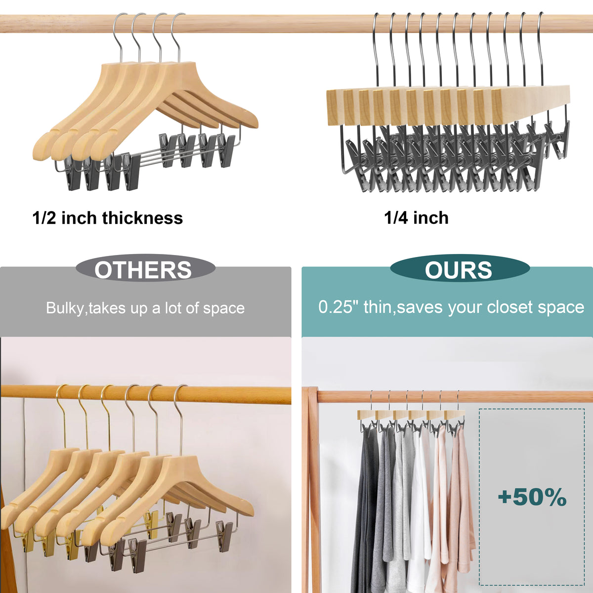 WS72-NT – Ultra-Slim Wooden Skirt & Pant Hanger with Clips – 14" – Natural