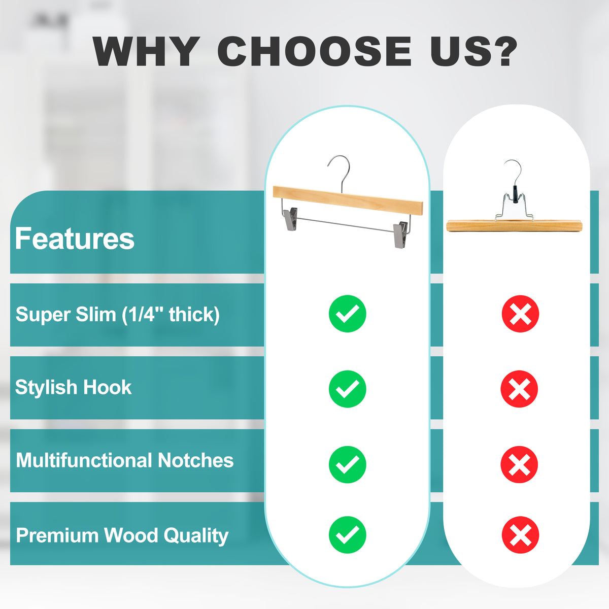 WS72-NT – Ultra-Slim Wooden Skirt & Pant Hanger with Clips – 14" – Natural