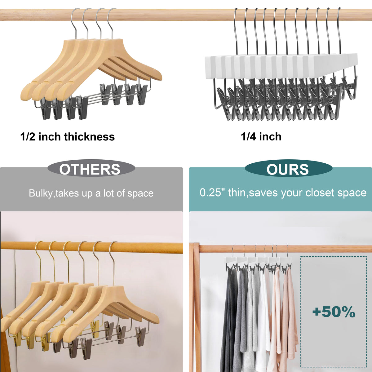 WS72-WT – Ultra-Slim Wooden Skirt & Pant Hanger with Clips – 14" – White / Chrome Hook