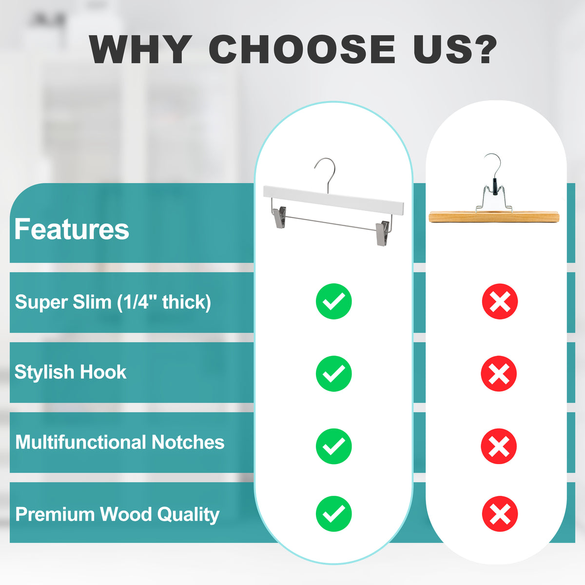 WS72-WT – Ultra-Slim Wooden Skirt & Pant Hanger with Clips – 14" – White / Chrome Hook