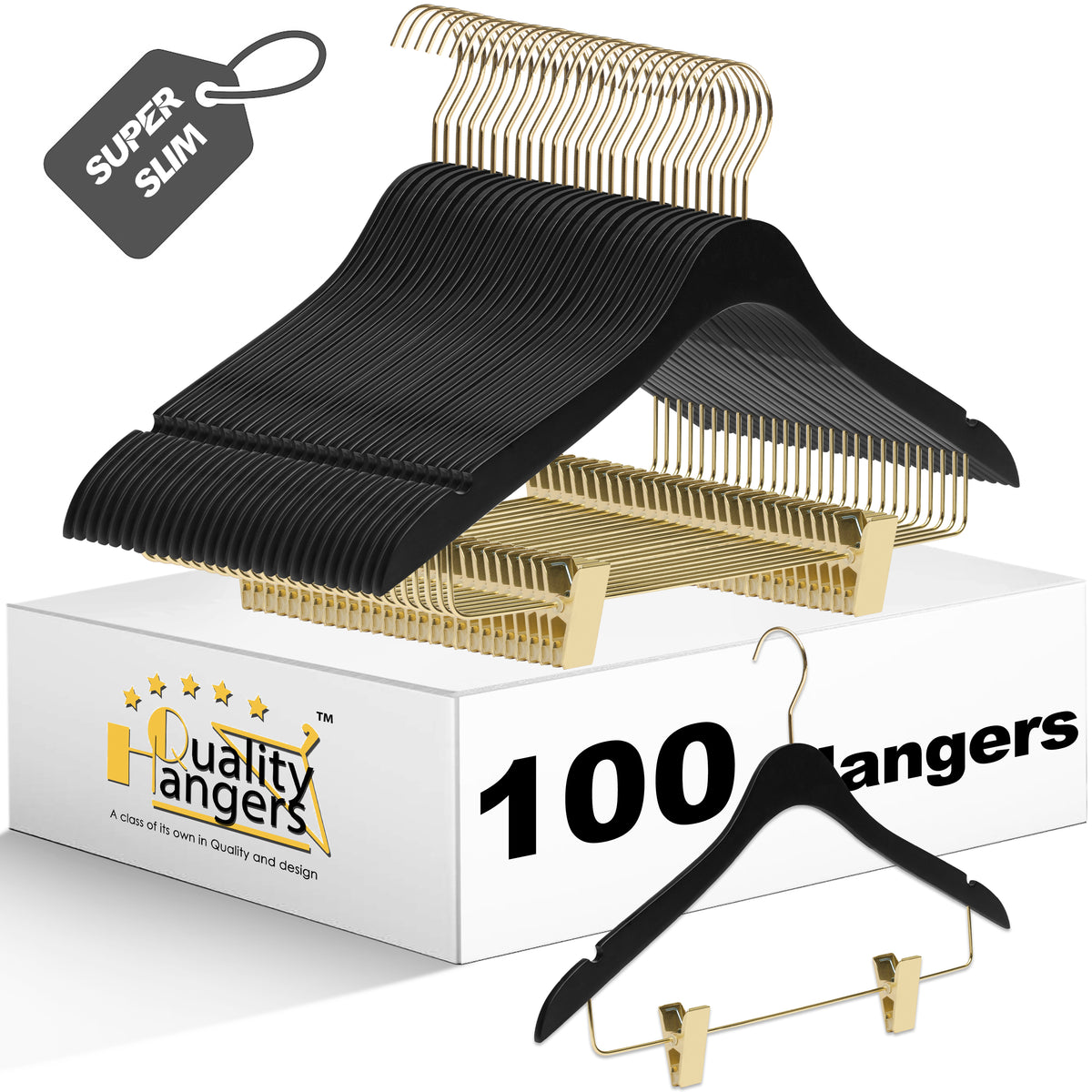 WS73-BK – Ultra-Slim Wooden Skirt & Shirt Combo Hanger with Clips – 16" – Black / Gold Hook