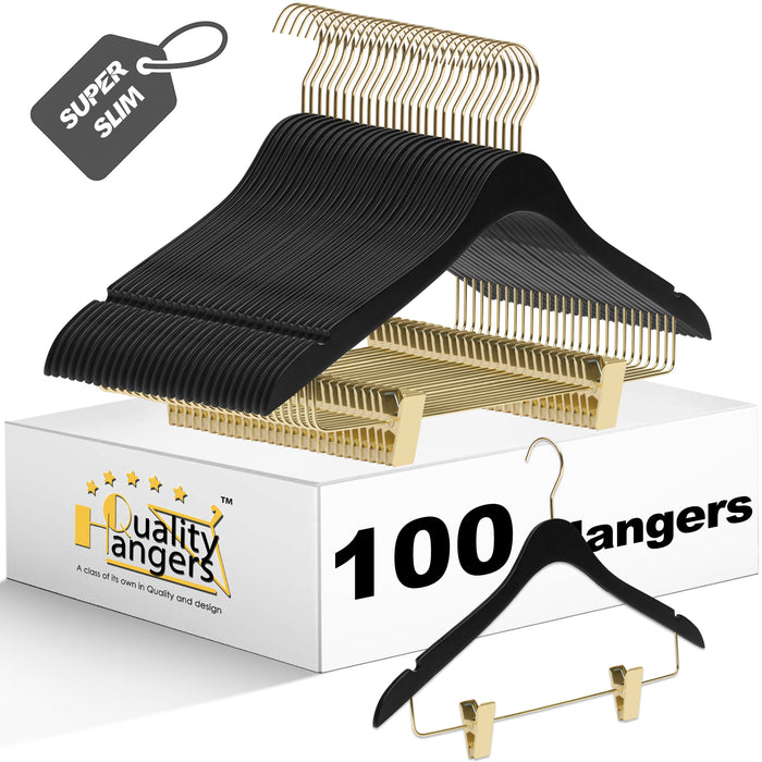 WS73-BK – Ultra-Slim Wooden Skirt & Shirt Combo Hanger with Clips – 16" – Black / Gold Hook
