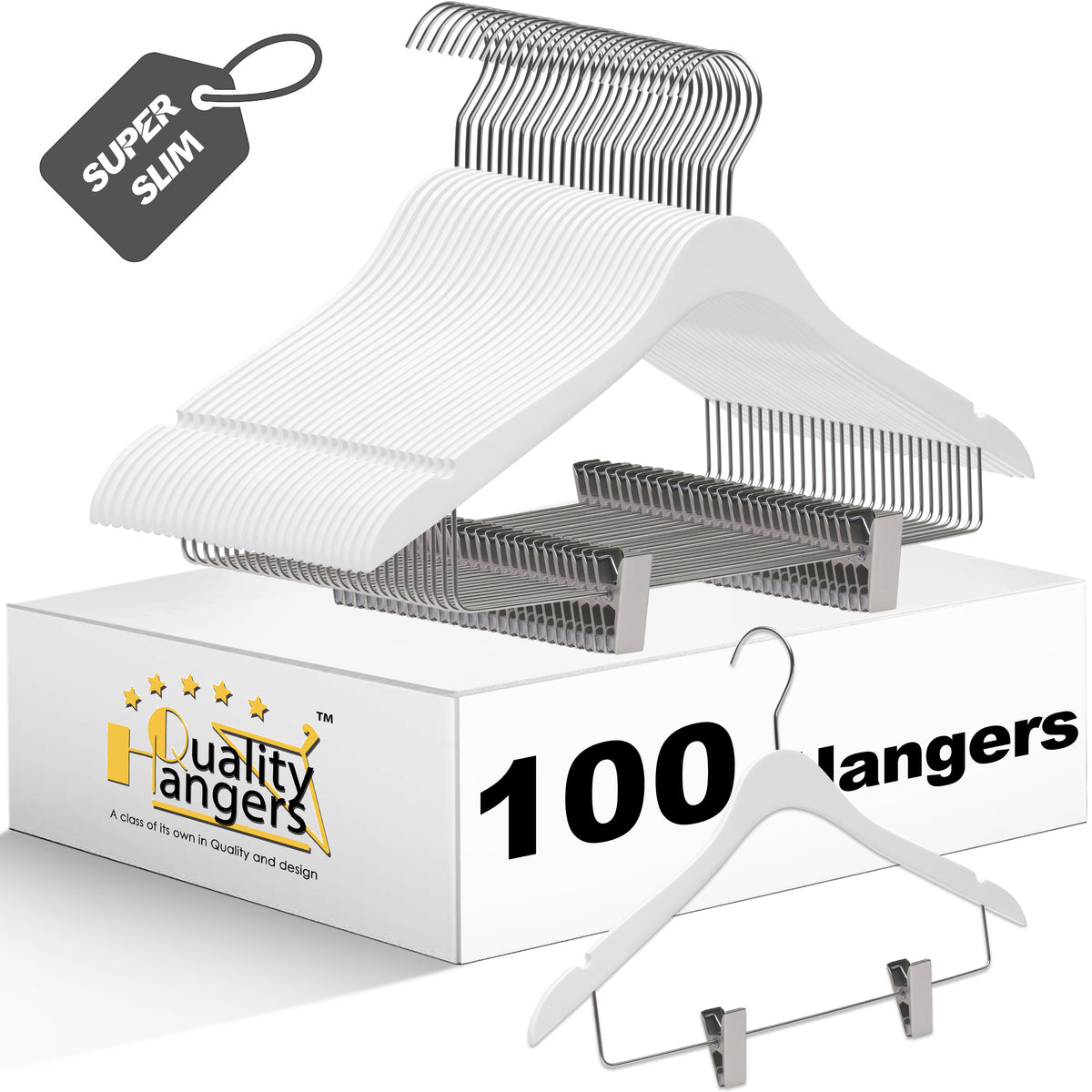 WS73-WT – Ultra-Slim Wooden Skirt & Shirt Combo Hanger with Clips – 16" – White / Chrome Hook