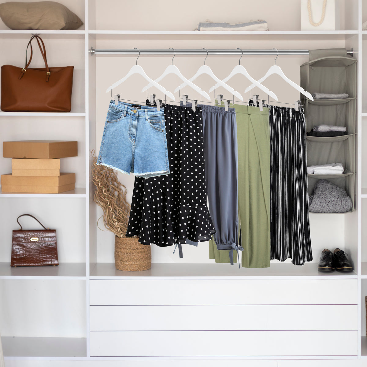 WS73-WT – Ultra-Slim Wooden Skirt & Shirt Combo Hanger with Clips – 16" – White / Chrome Hook