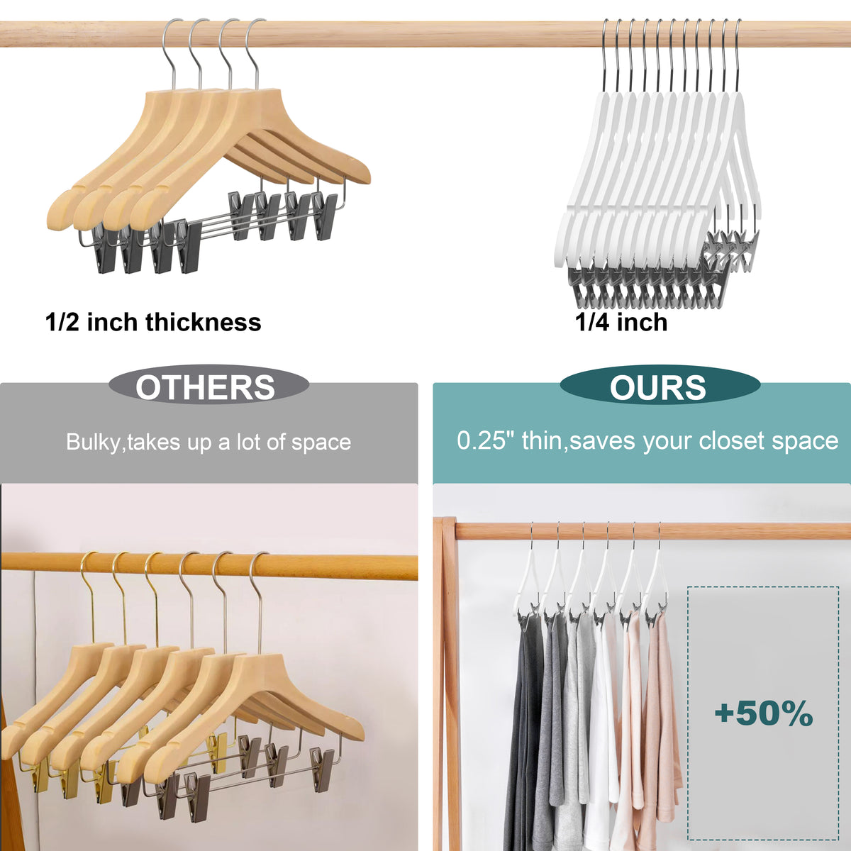 WS73-WT – Ultra-Slim Wooden Skirt & Shirt Combo Hanger with Clips – 16" – White / Chrome Hook