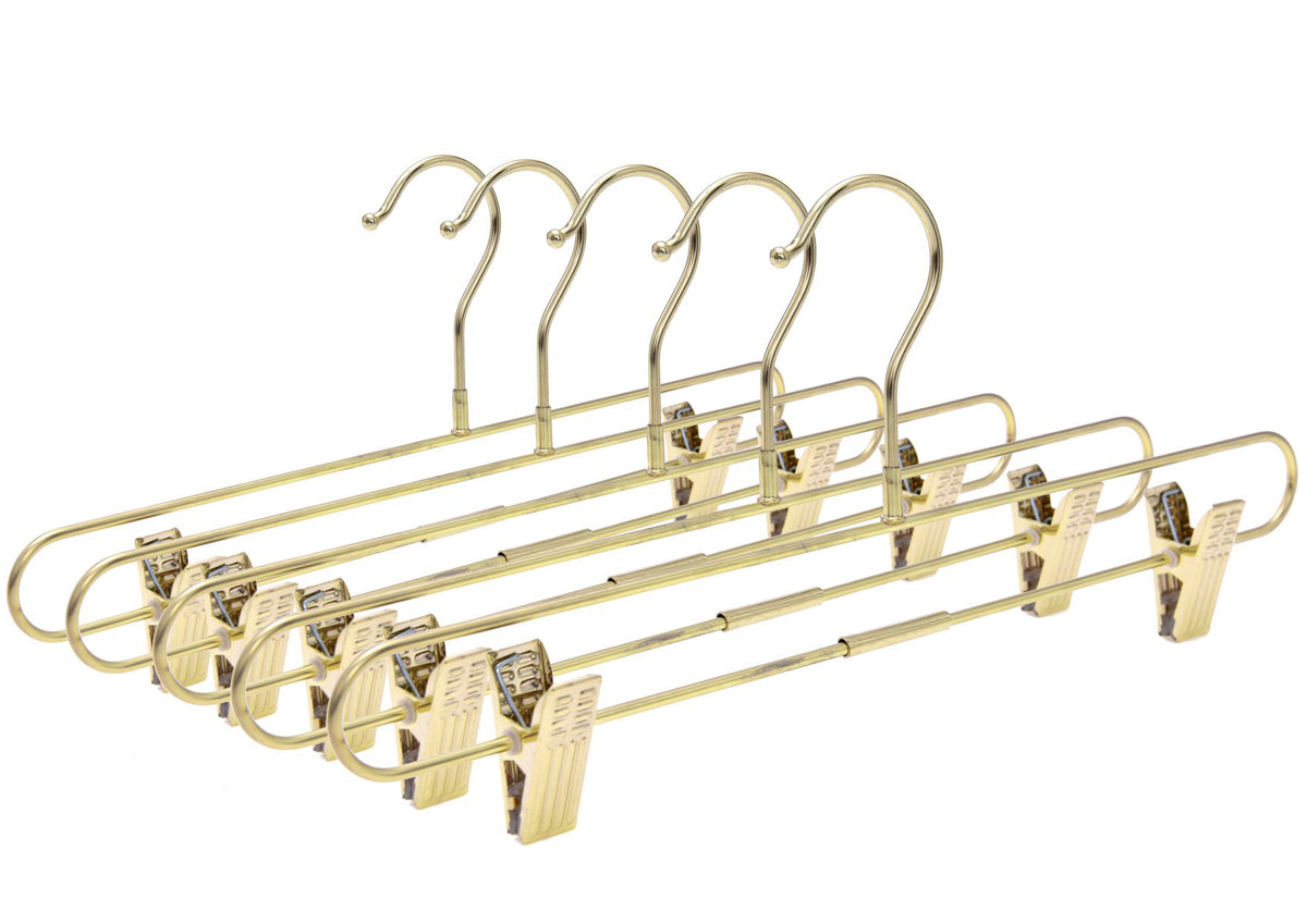 M073 – Heavy-Duty Metal Straight Skirt Hanger with Clips & Swivel Hook – 14" – Gold