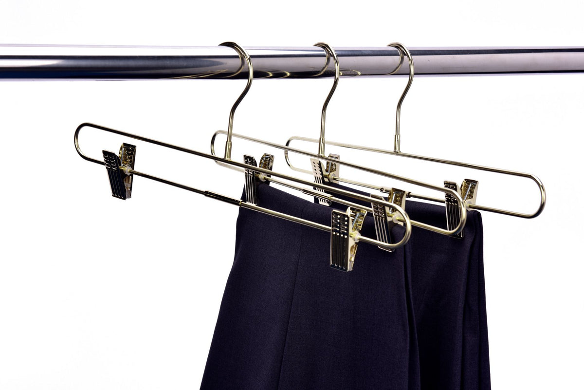 M073 – Heavy-Duty Metal Straight Skirt Hanger with Clips & Swivel Hook – 14" – Gold