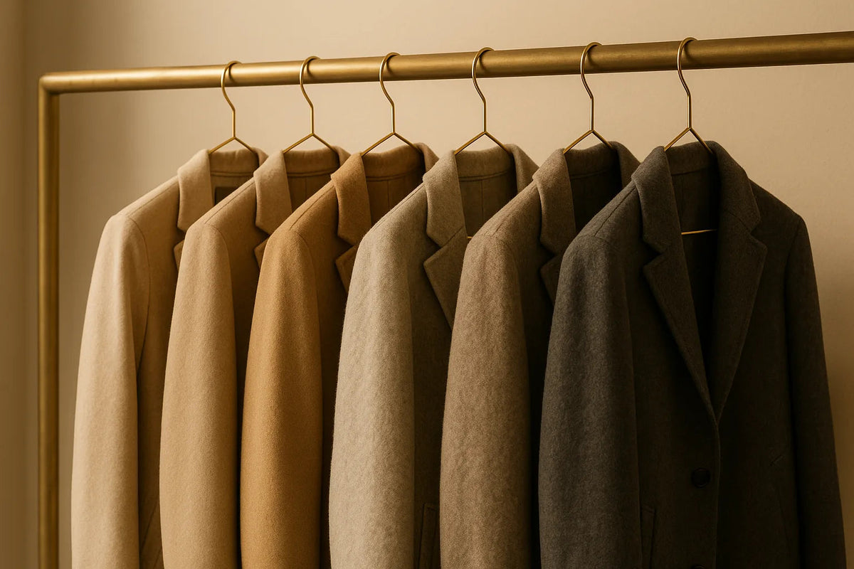 Wool coats on gold metal hangers on a brass boutique rail