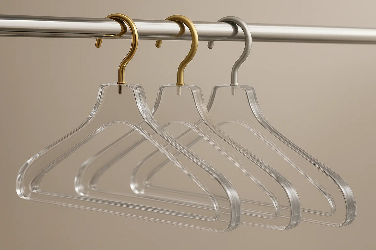 Clear acrylic hangers with gloss gold, matte gold and matte silver hooks